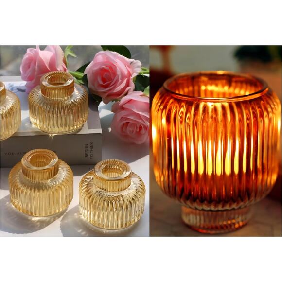 Set of 4 Amber Glass Ribbed Candle Holders – Taper & Tealight Compatible - Picture 1 of 5